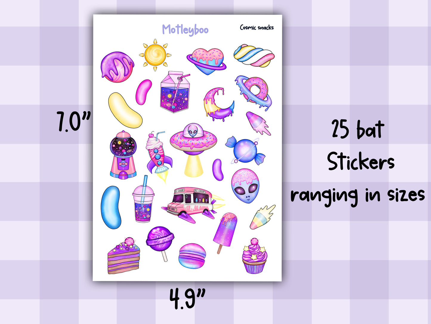 Cosmic Snacks Planner Sticker Sheet, Alien Candy, Brightly Coloured Decorations. SC-FI vibes