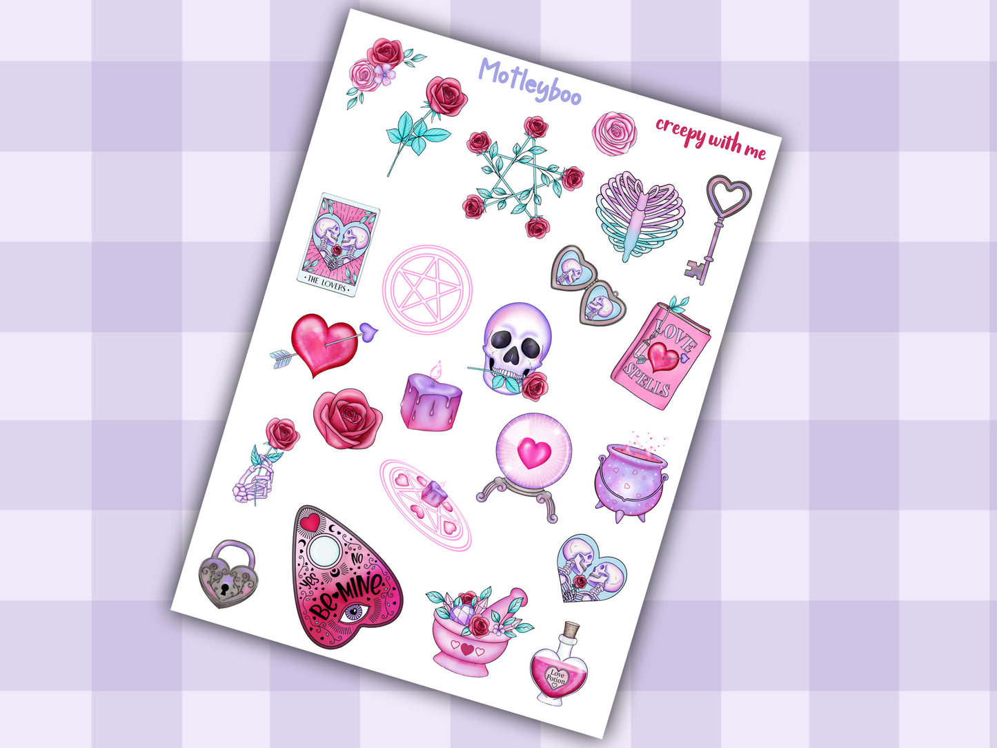 valentines day sticker sheet, spooky love stickers, spooky stickers, goth planner, creepy with me