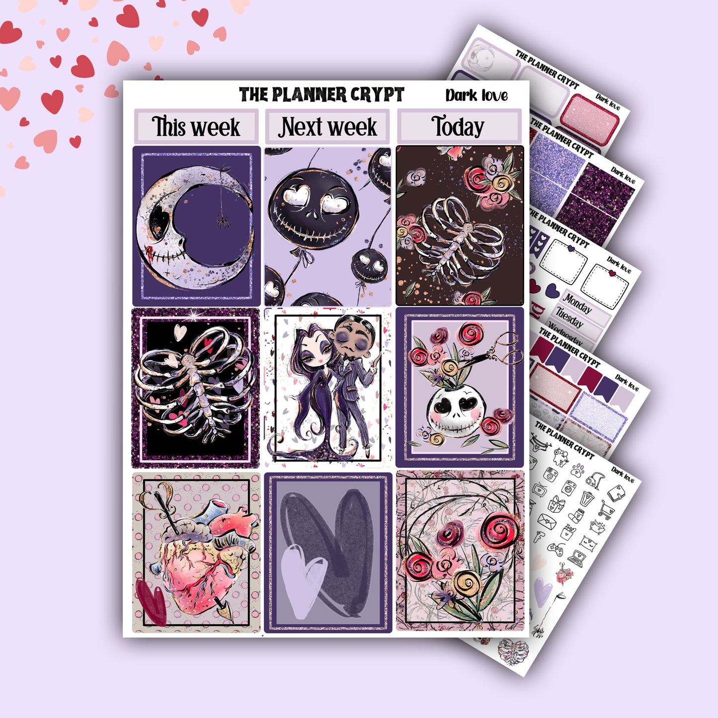 weekly planner, sticker kit, spooky stickers, halloween planner kit, planner stickers, vertical planner, goth planner, valentines stickers