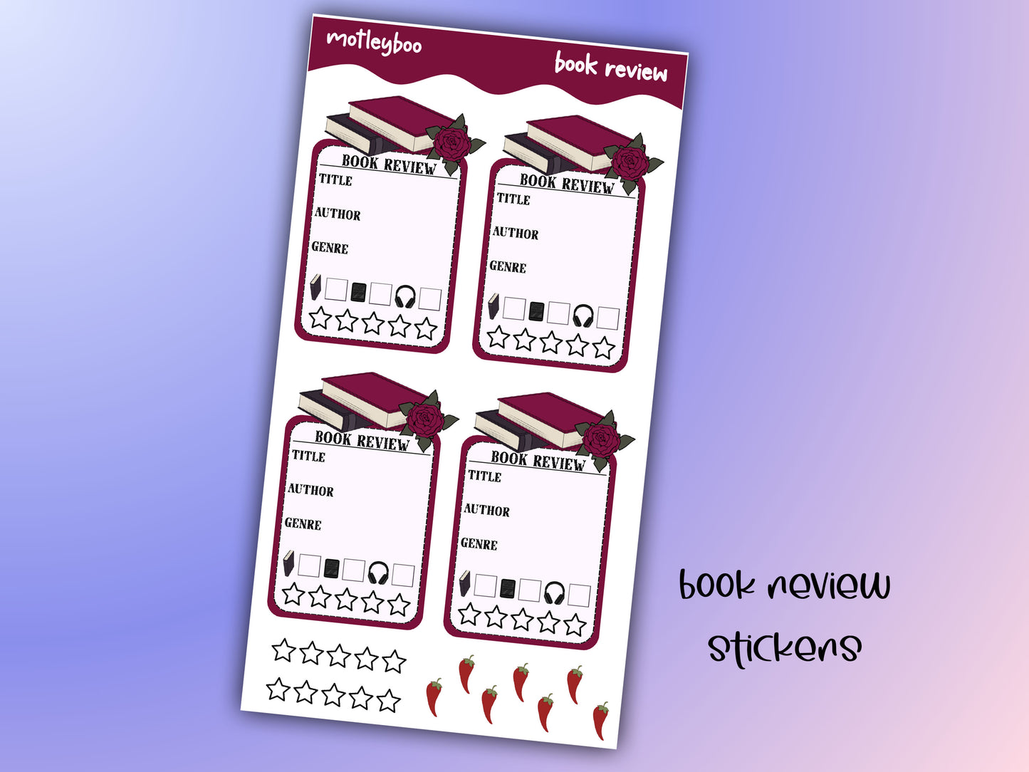Book review sticker sheet, stickers, goth stickers, gifts for book lovers, bookish, book nerds, original art stickers, dark romance