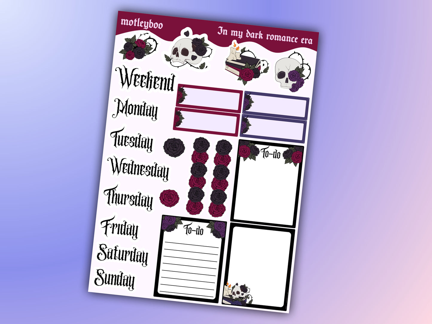 In my dark romance era sticker sheet, bookish stickers, gifts for, book lovers, book nerds, gothic romance, gothic stickers, skulls & books