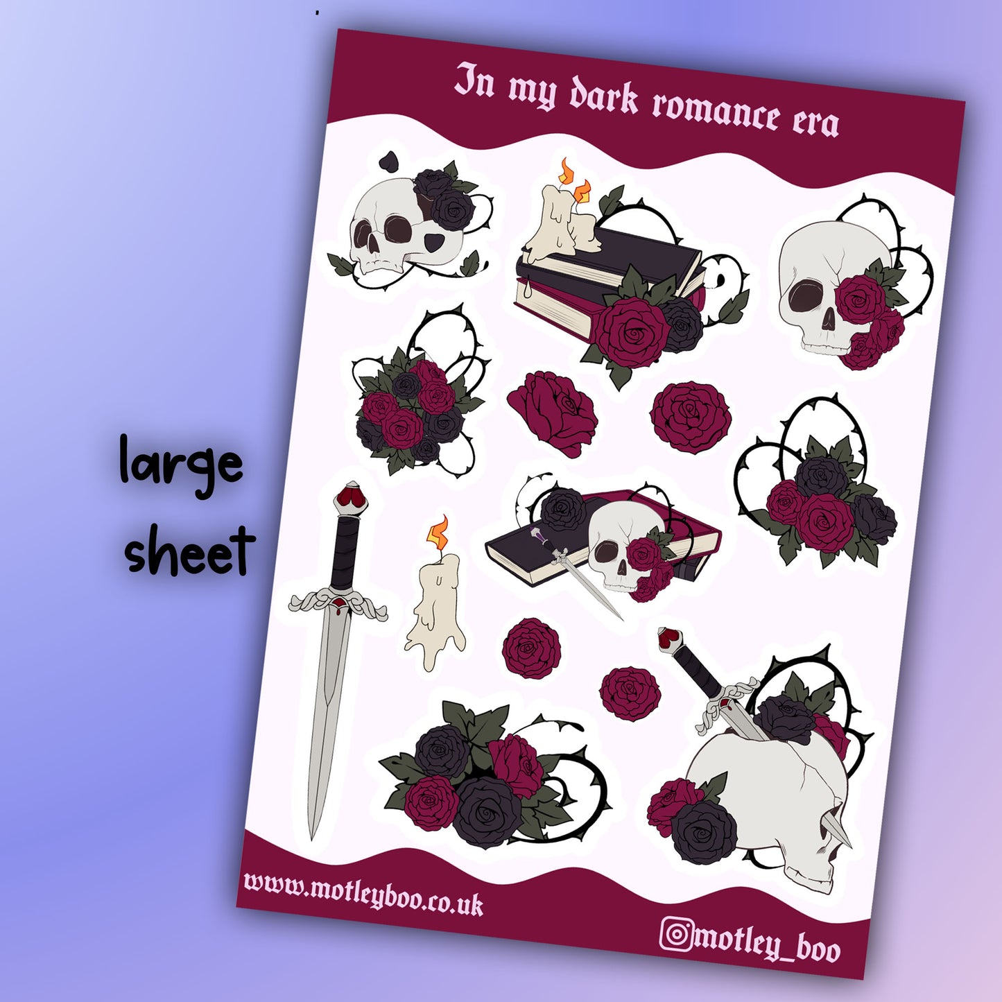 In my dark romance era sticker sheet, bookish stickers, gifts for, book lovers, book nerds, gothic romance, gothic stickers, skulls & books