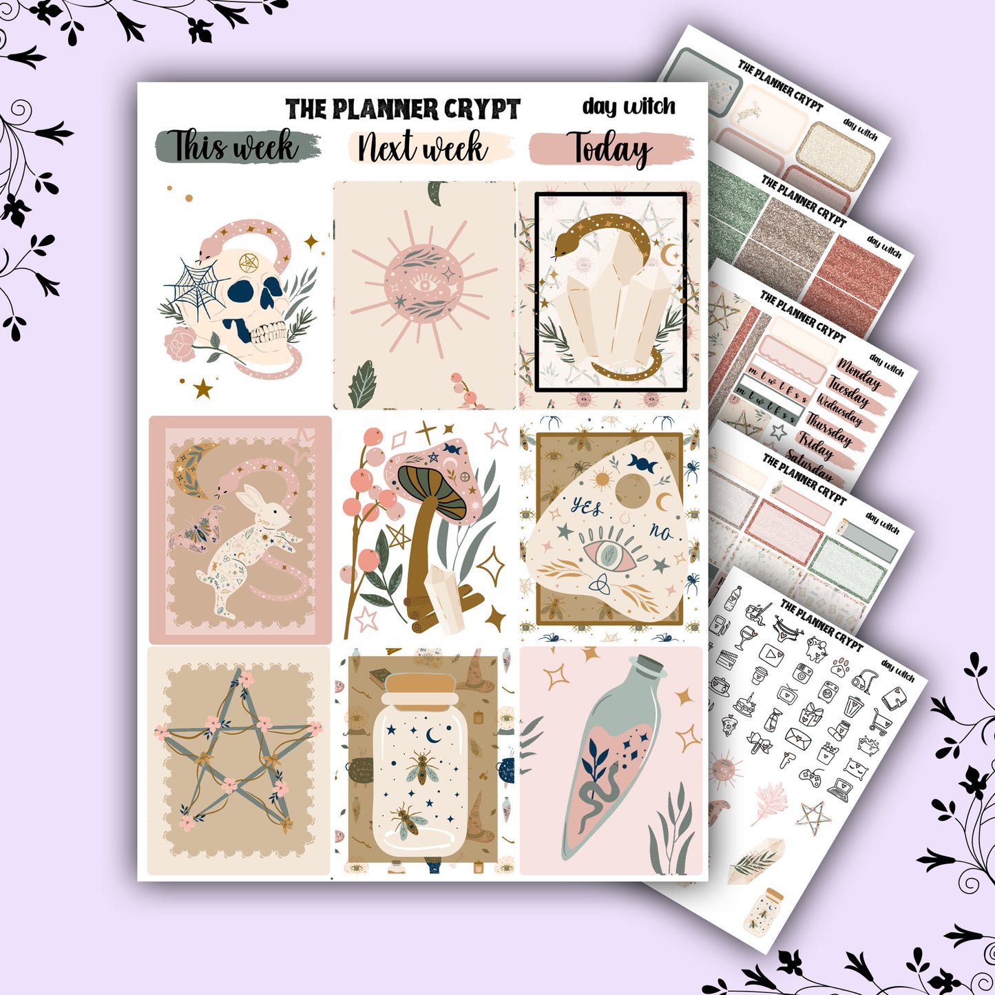 weekly planner sticker kit, gothic stickers, witch stickers, mystical stickers, celestial stickers, vertical planner