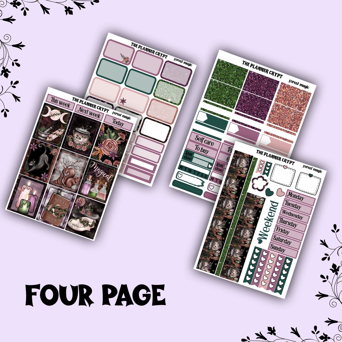 weekly planner sticker kit, planner stickers, goth stickers, spooky sticker kit, vertical planner, magical stickers, forest magic