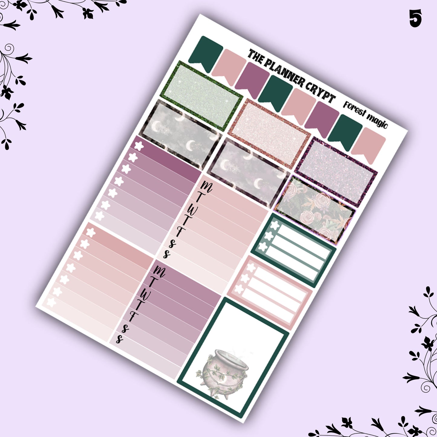 weekly planner sticker kit, planner stickers, goth stickers, spooky sticker kit, vertical planner, magical stickers, forest magic