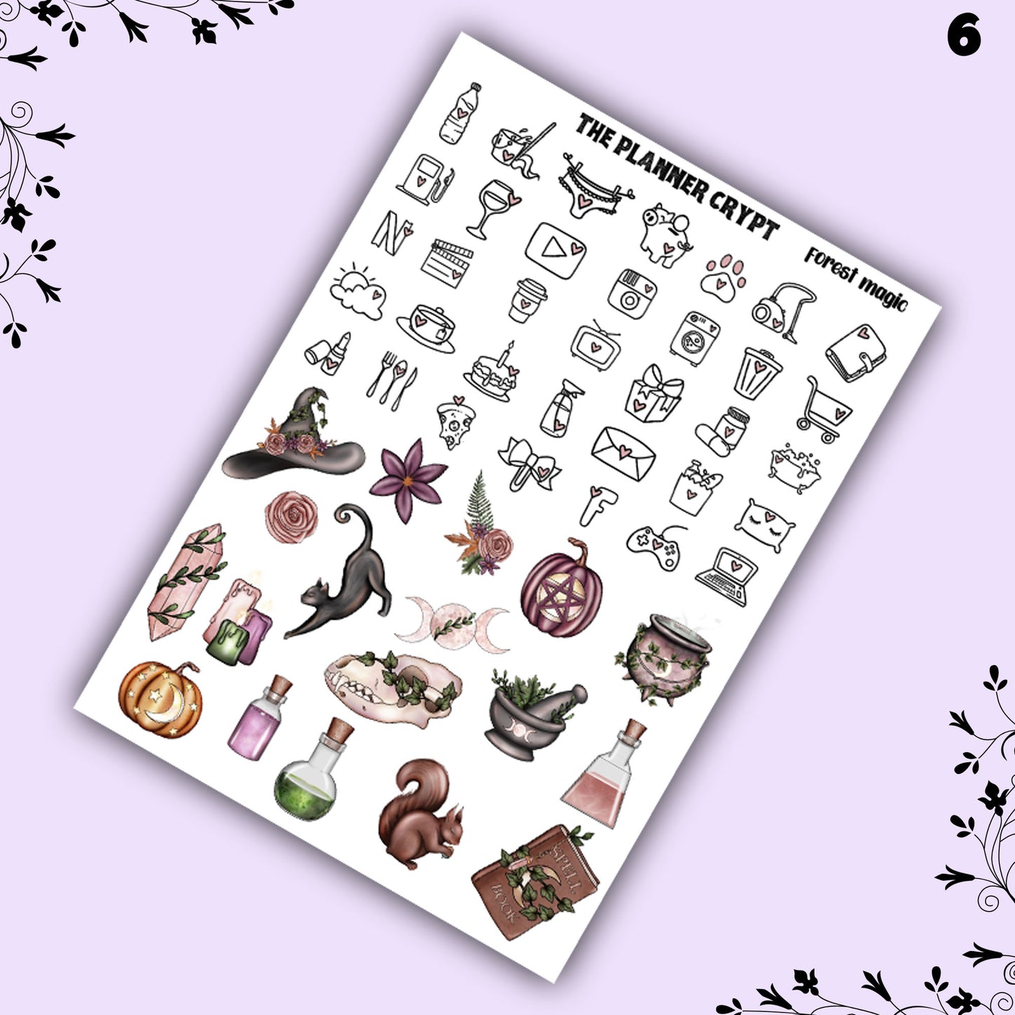 weekly planner sticker kit, planner stickers, goth stickers, spooky sticker kit, vertical planner, magical stickers, forest magic