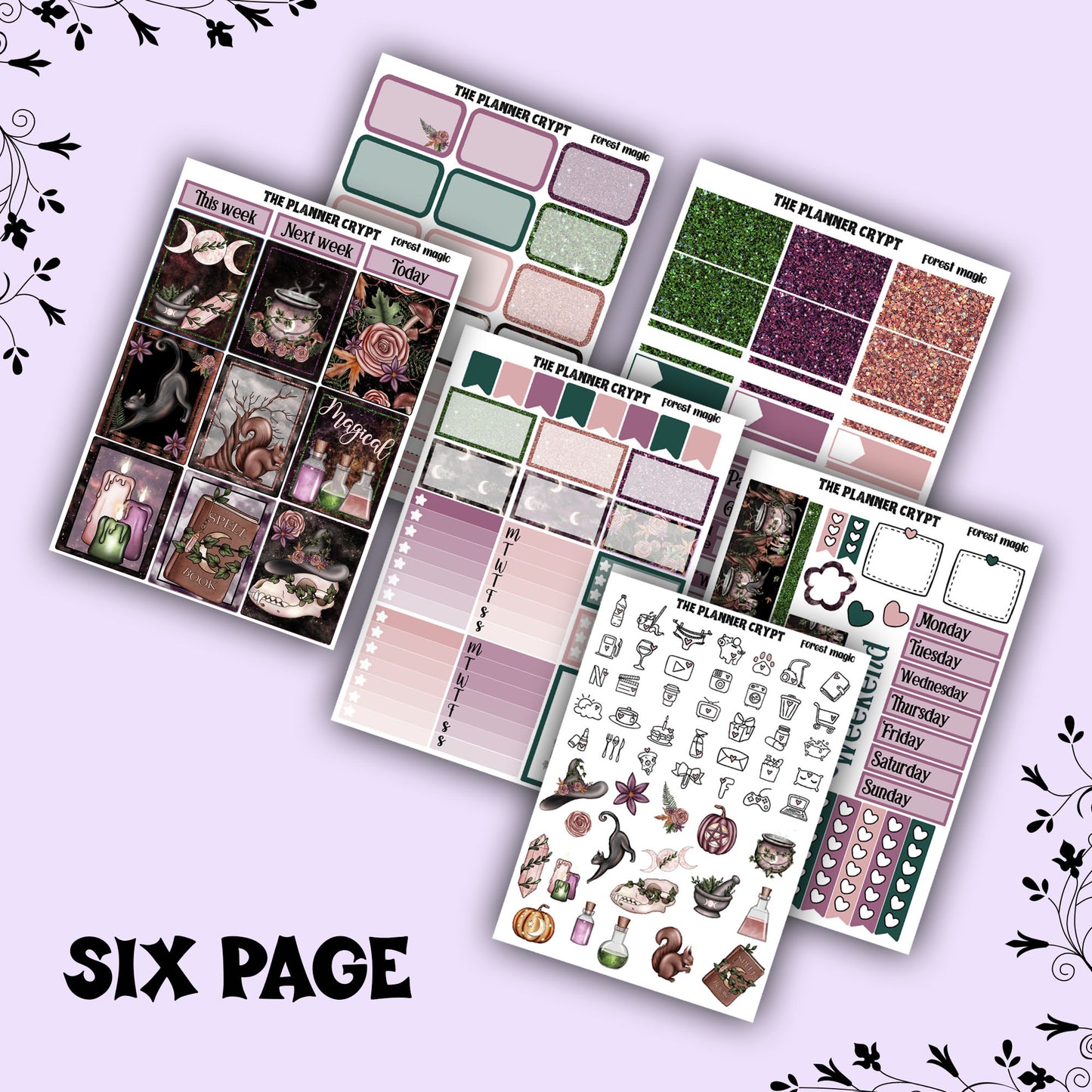 weekly planner sticker kit, planner stickers, goth stickers, spooky sticker kit, vertical planner, magical stickers, forest magic