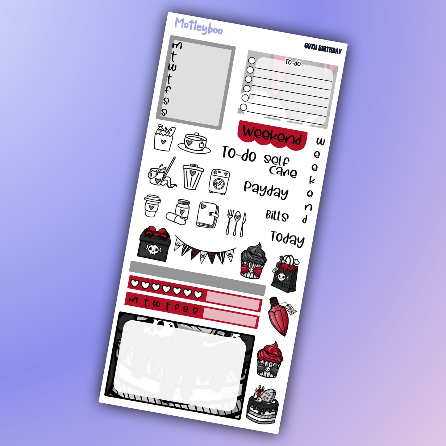 Hobonichi weeks weekly planner sticker kit, goth planner stickers, goth birthday