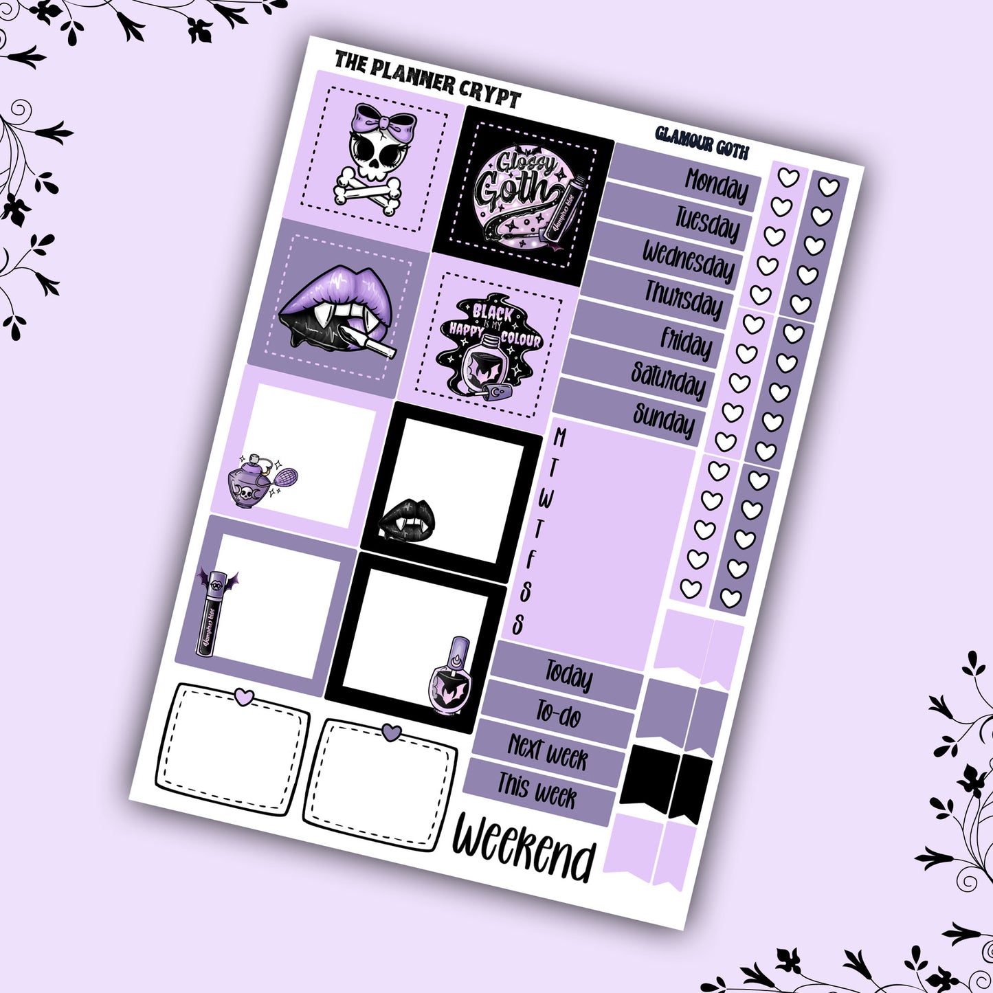 Hobonichi cousin, weekly planner sticker kit, goth planner stickers, bullet journal sticker, small planner sticker, A5 planner, goth glamour