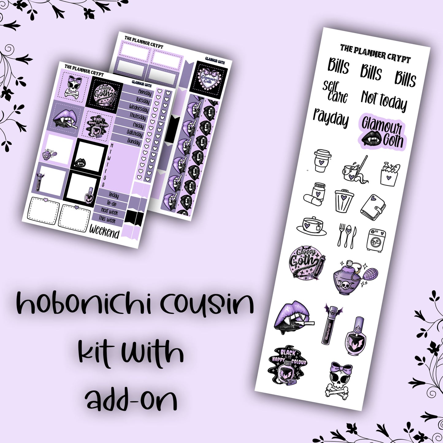 Hobonichi cousin, weekly planner sticker kit, goth planner stickers, bullet journal sticker, small planner sticker, A5 planner, goth glamour