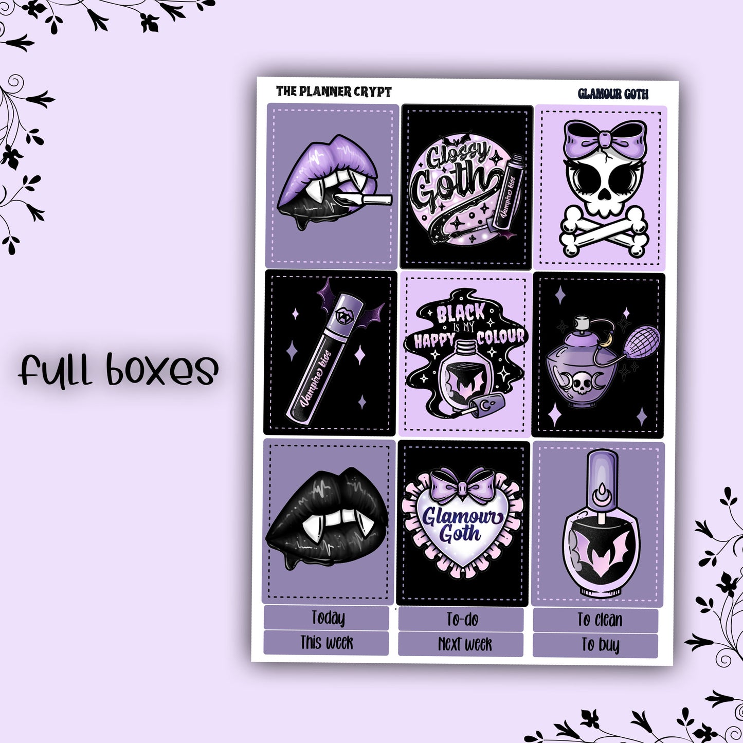 Weekly planner sticker kit, vertical planner stickers, goth planner, functional stickers, weekly planner, beauty stickers, glamour goth