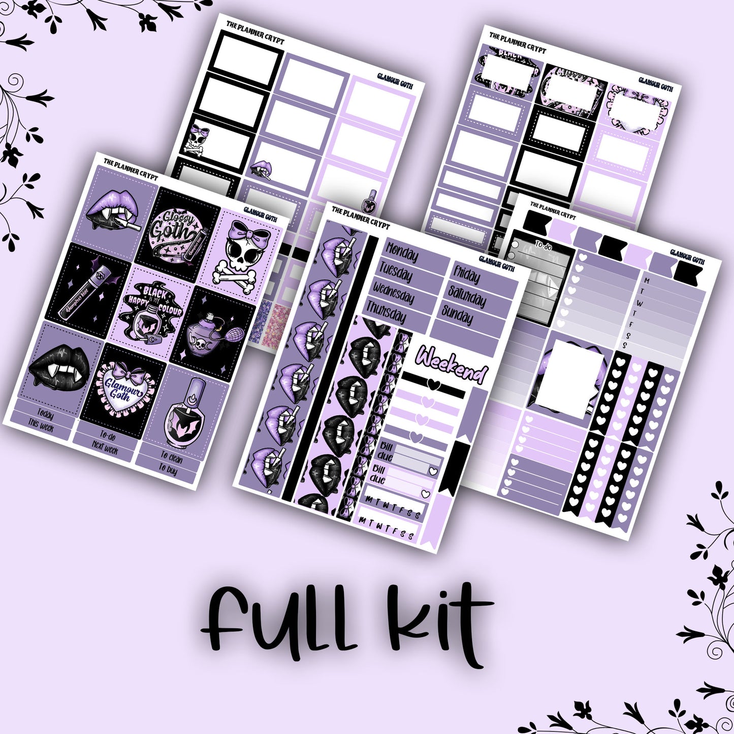 Weekly planner sticker kit, vertical planner stickers, goth planner, functional stickers, weekly planner, beauty stickers, glamour goth
