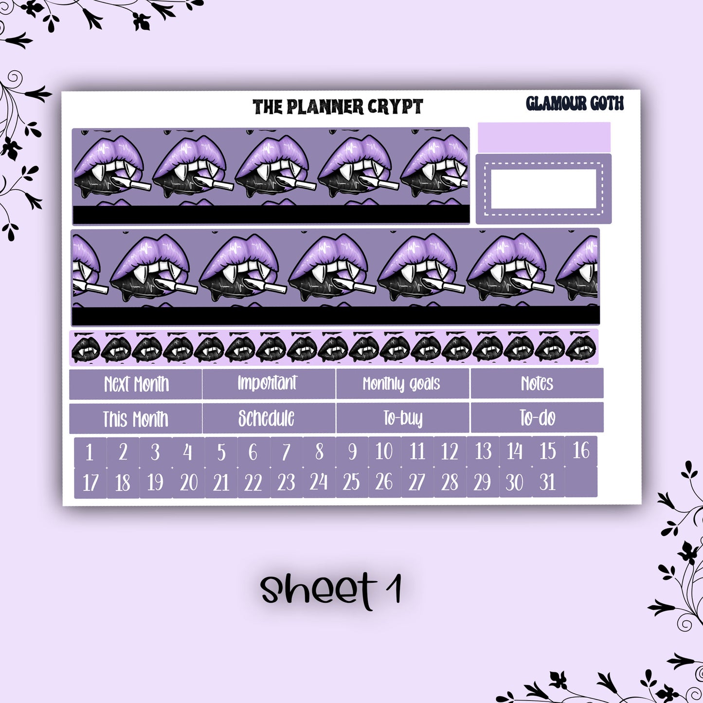 Monthly planner sticker kit, monthly stickers, goth planner, witch planner, functional stickers, vertical planner, undated, glamour goth