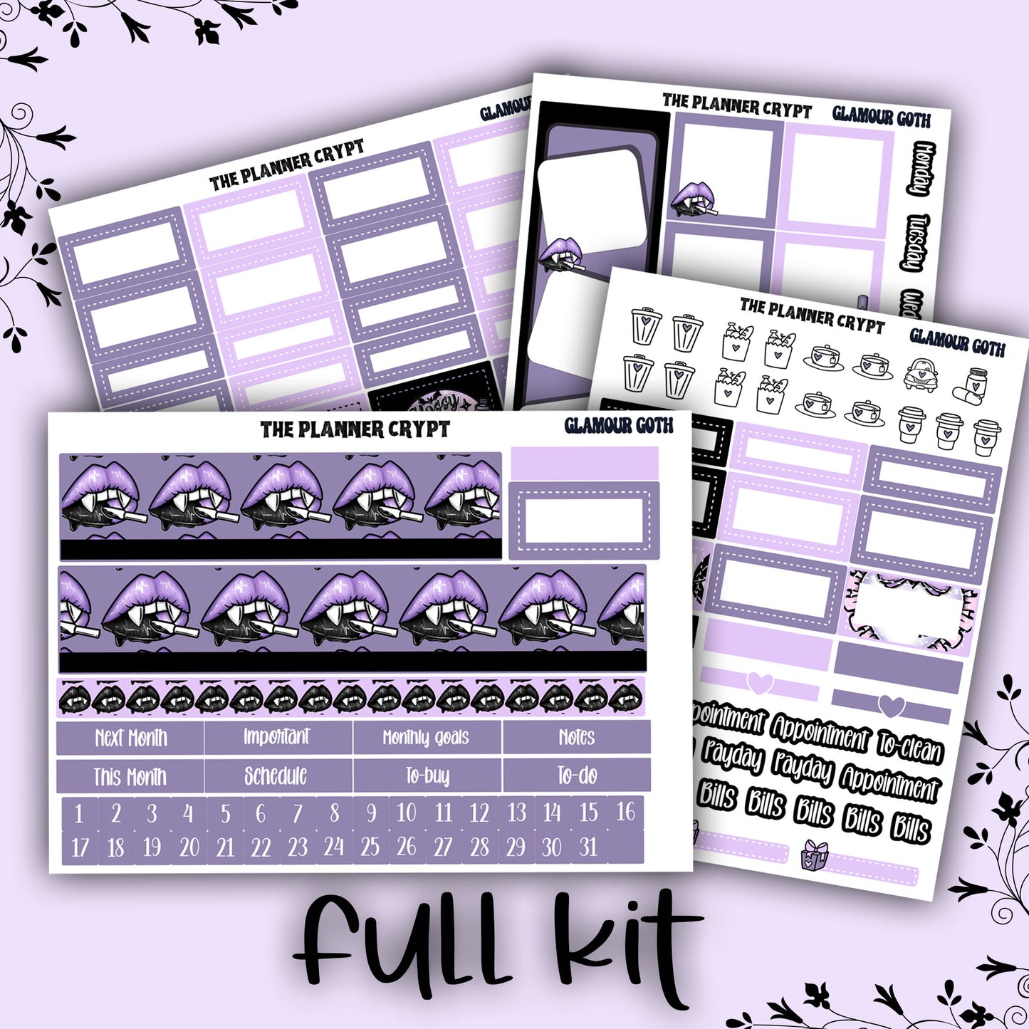 Monthly planner sticker kit, monthly stickers, goth planner, witch planner, functional stickers, vertical planner, undated, glamour goth