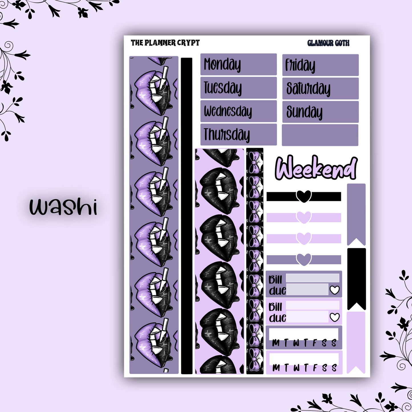 Weekly planner sticker kit, vertical planner stickers, goth planner, functional stickers, weekly planner, beauty stickers, glamour goth