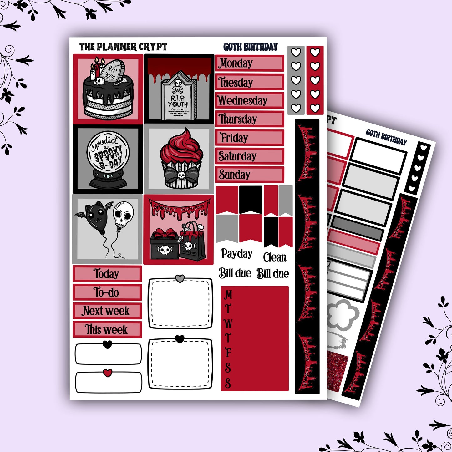 Hobonichi cousin weekly planner sticker kit, goth planner, goth birthday