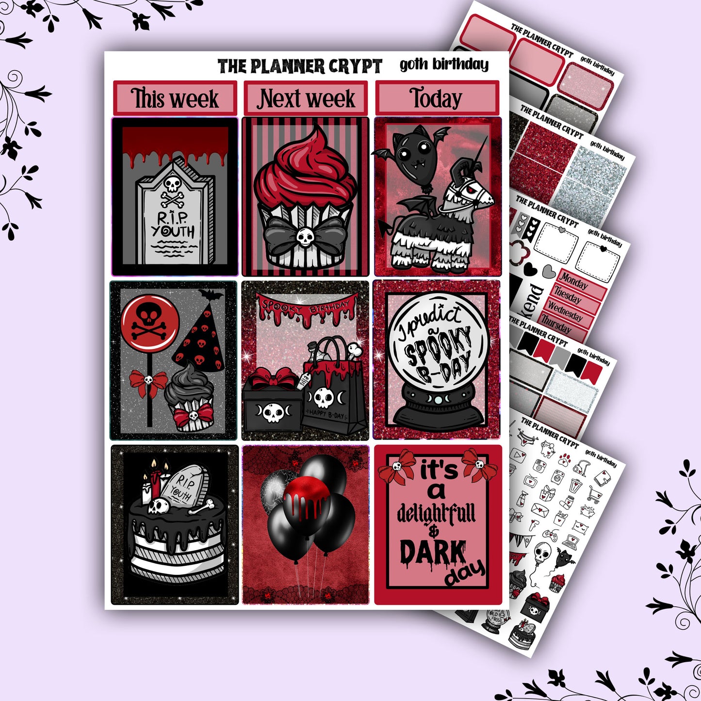 weekly planner sticker kit, planner stickers, goth stickers, spooky sticker kit, vertical planner, birthday stickers, , goth birthday