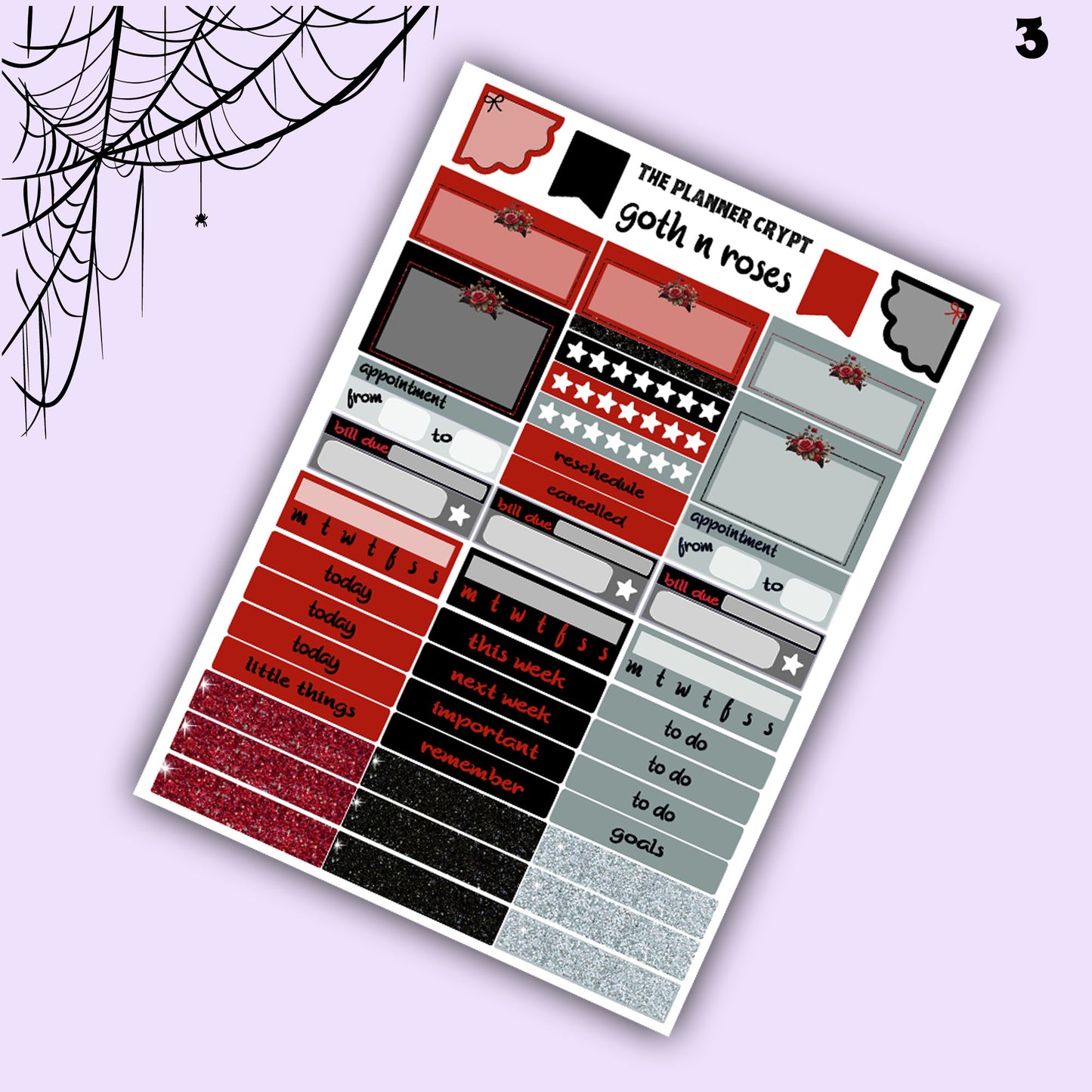 weekly planner sticker kit, goth planner, vertical planner, flower stickers, scrapbook stickers, stickers for planning, goth stickers