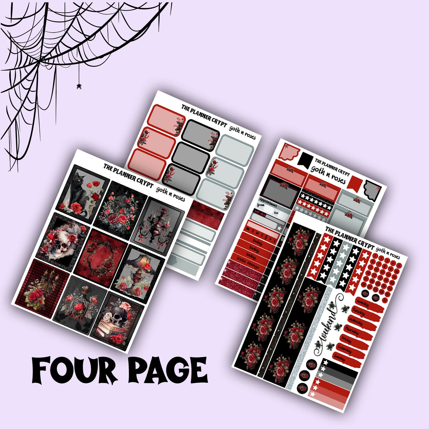 weekly planner sticker kit, goth planner, vertical planner, flower stickers, scrapbook stickers, stickers for planning, goth stickers