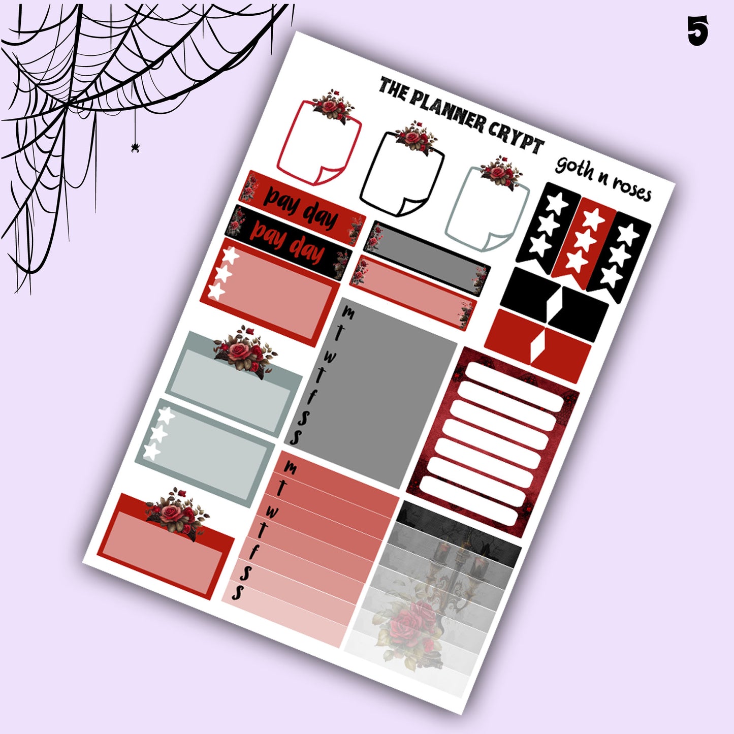 weekly planner sticker kit, goth planner, vertical planner, flower stickers, scrapbook stickers, stickers for planning, goth stickers