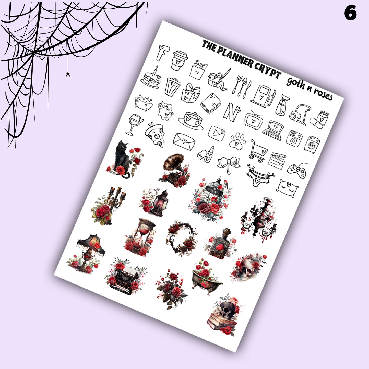 weekly planner sticker kit, goth planner, vertical planner, flower stickers, scrapbook stickers, stickers for planning, goth stickers