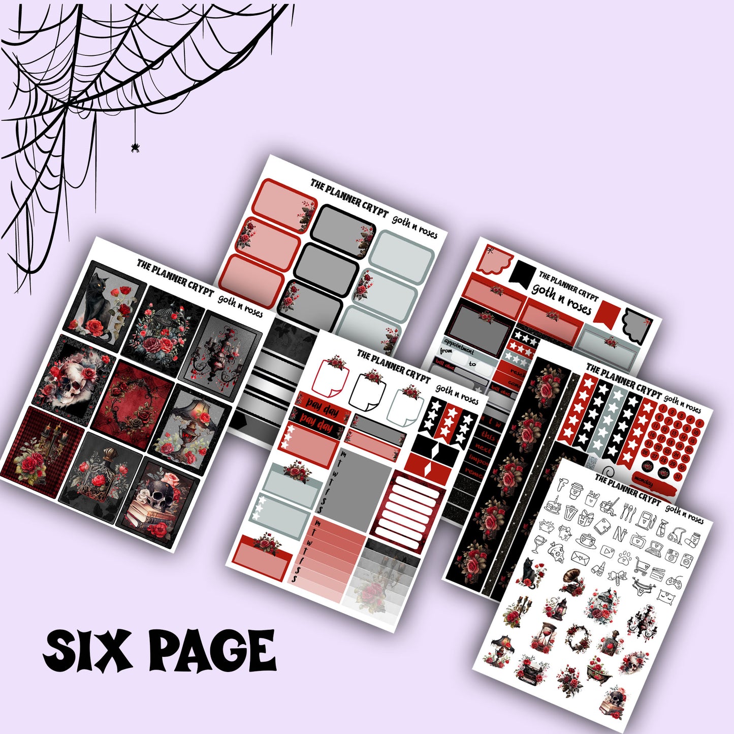 weekly planner sticker kit, goth planner, vertical planner, flower stickers, scrapbook stickers, stickers for planning, goth stickers
