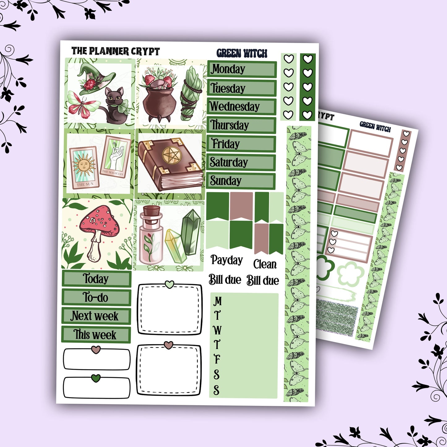 Hobonichi cousin weekly planner sticker kit, witch planner, green witch