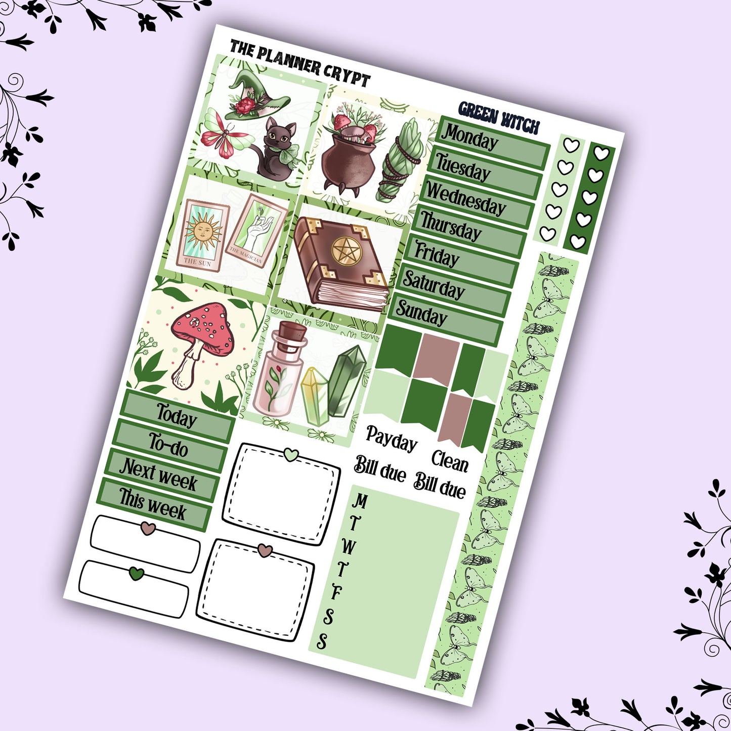 Hobonichi cousin weekly planner sticker kit, witch planner, green witch