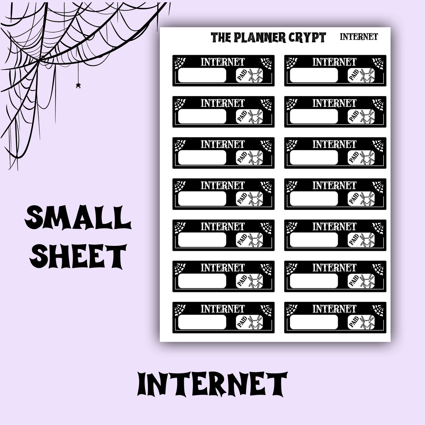 planner stickers, bill name stickers, vertical planner, gothic planner, functional stickers, black white, spiderweb stickers, header sticker