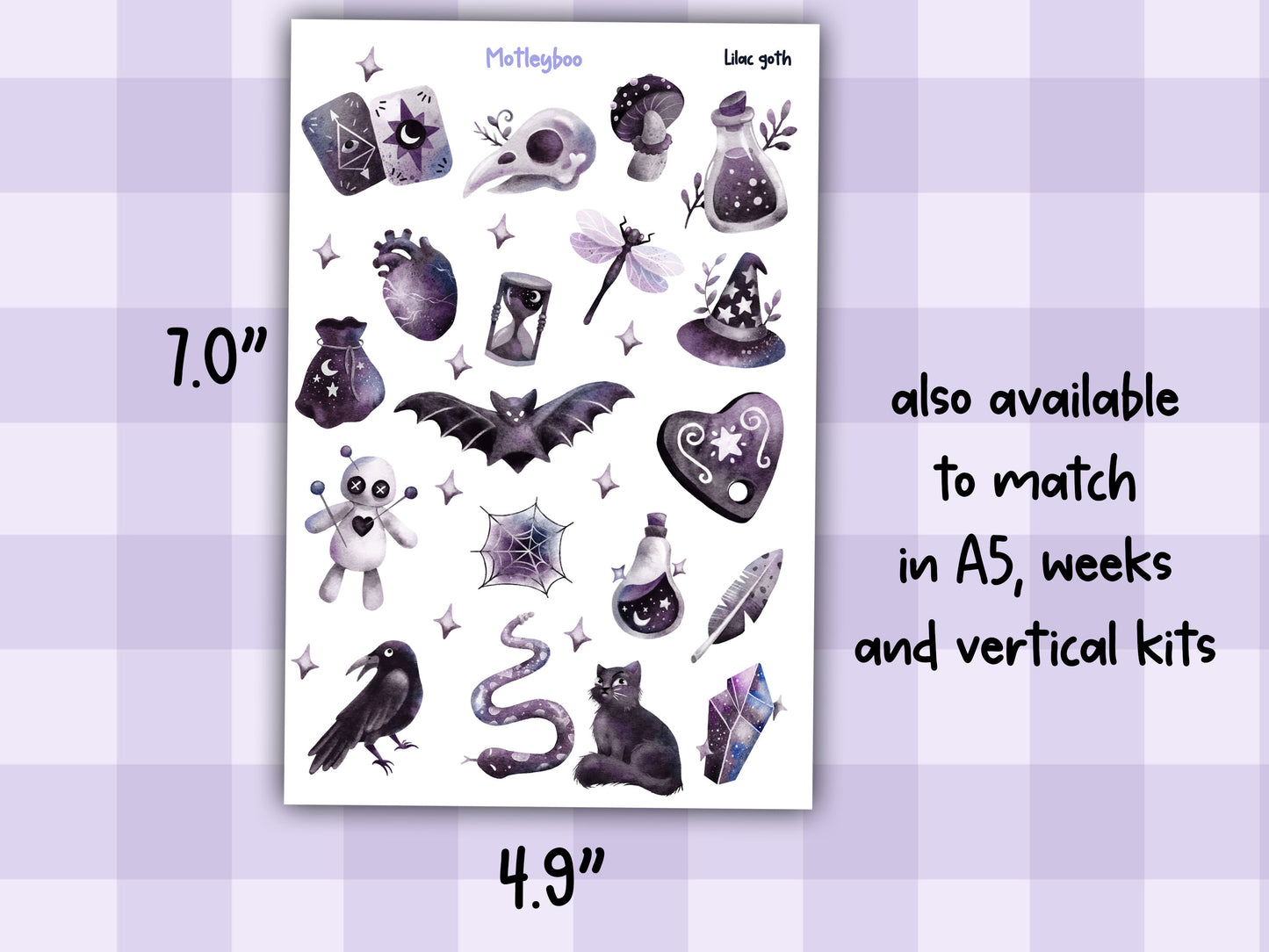 Sticker sheet, gothic stickers, cute and spooky, cute and fun, stickers, journaling stickers, planner deco stickers, lilac goth