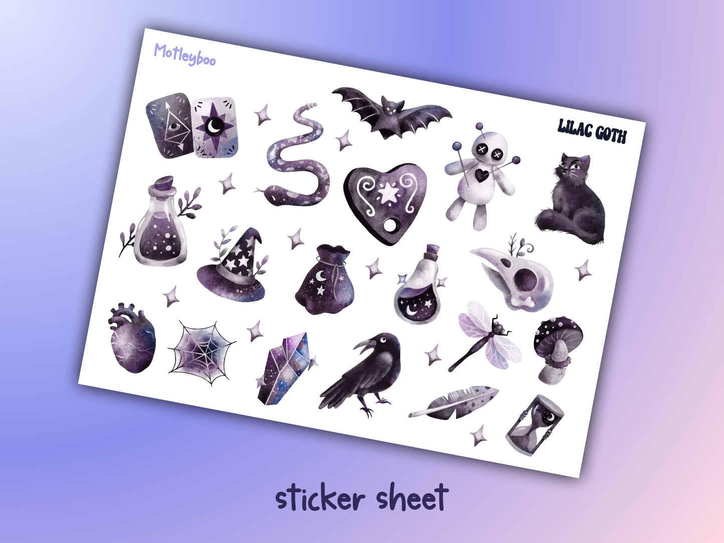 Sticker sheet, gothic stickers, cute and spooky, cute and fun, stickers, journaling stickers, planner deco stickers, lilac goth