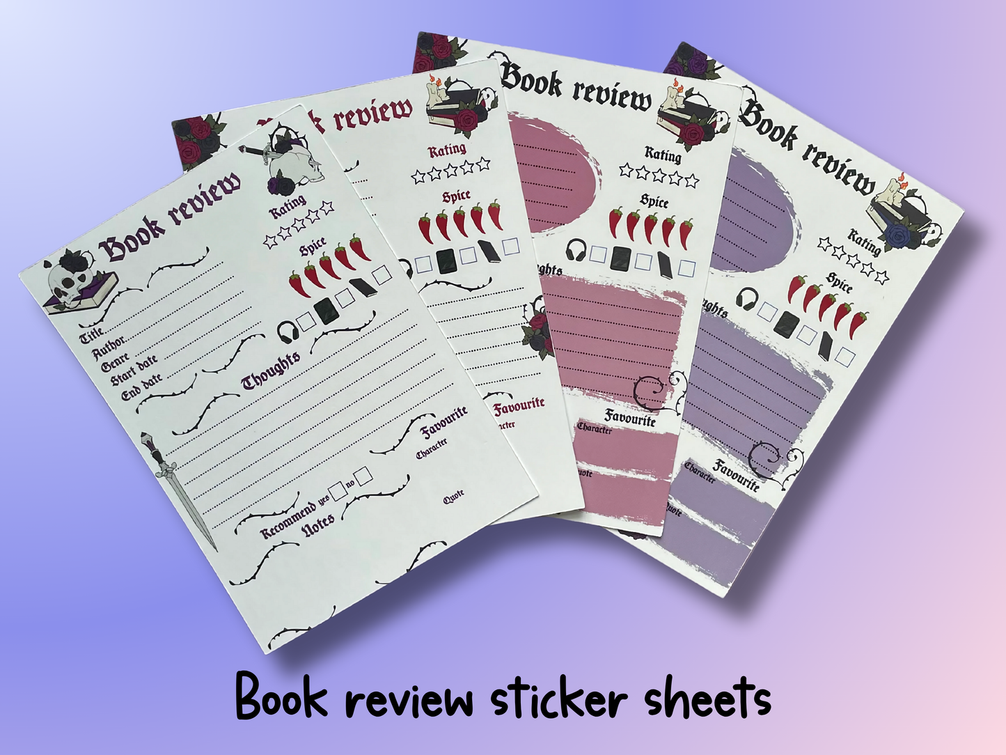 Book review sticker sheets, bookish stickers, gifts for, book lovers, book nerds, gothic romance, skulls & books, in my dark romance era