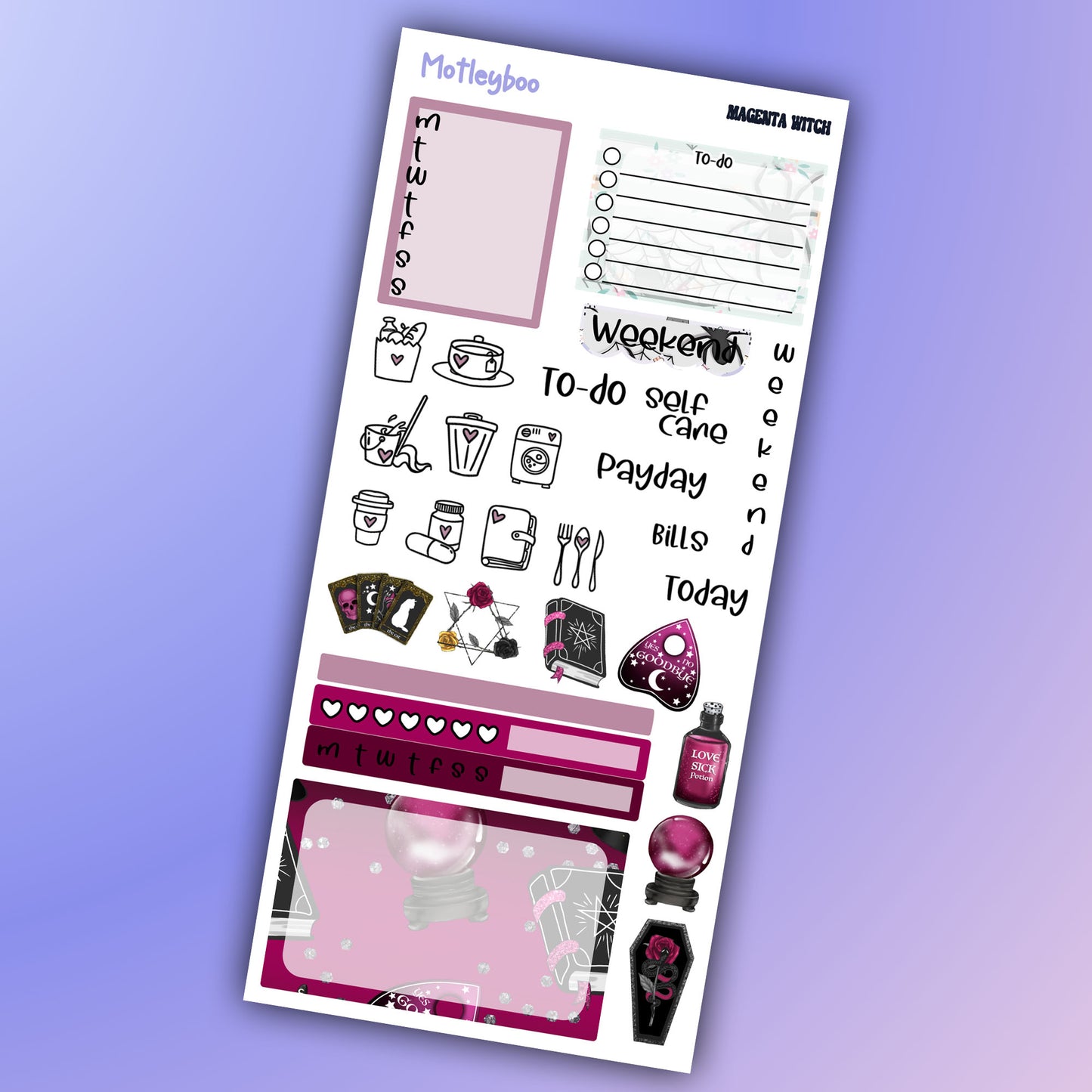 Hobonichi weeks, weekly sticker kit, witch stickers, celestial stickers, mystical stickers, witchcraft stickers, Magenta witch