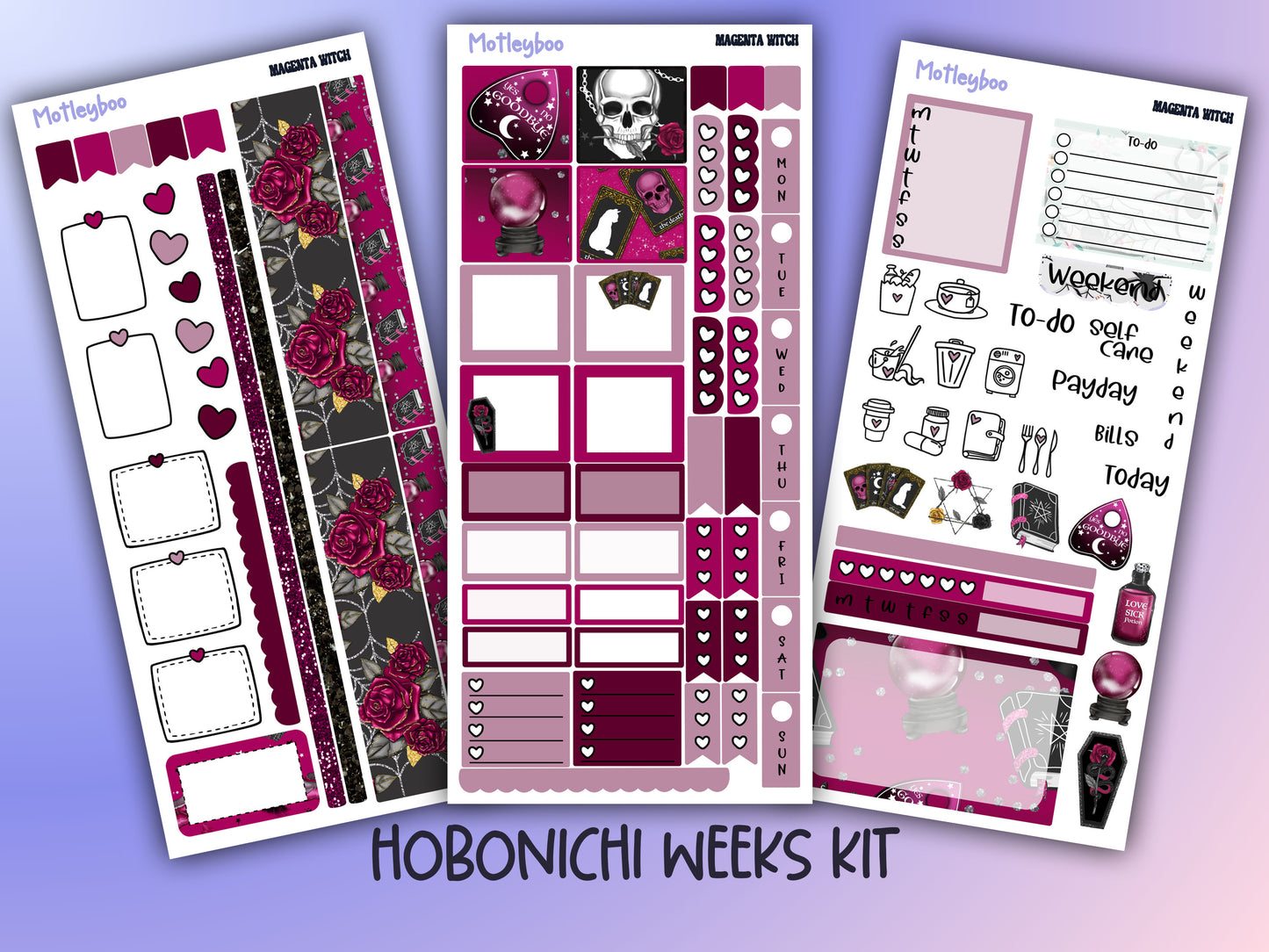 Hobonichi weeks, weekly sticker kit, witch stickers, celestial stickers, mystical stickers, witchcraft stickers, Magenta witch