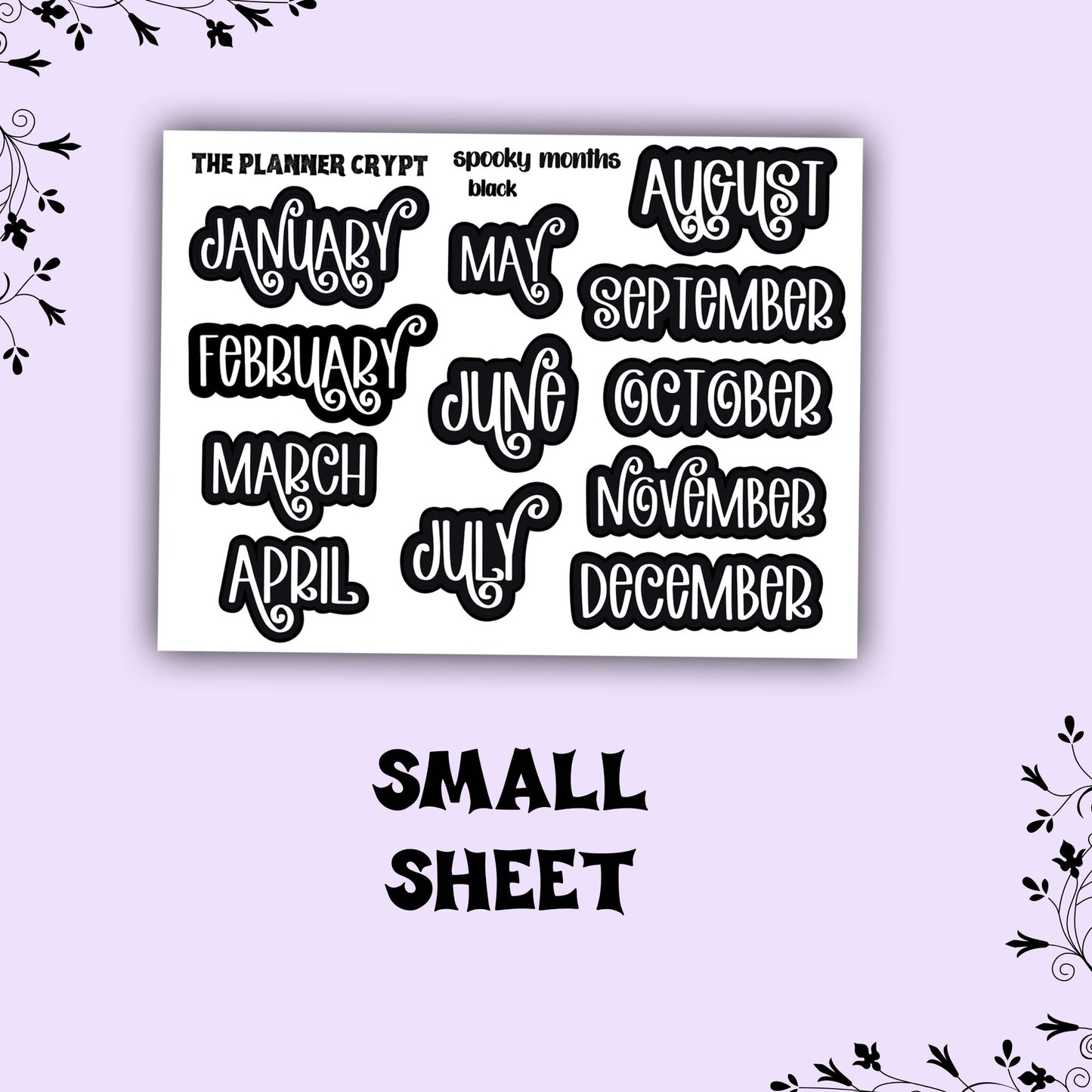 planner header stickers, monthly stickers, weekly planner stickers, black and white stickers, monthly headers, gothic planner stickers
