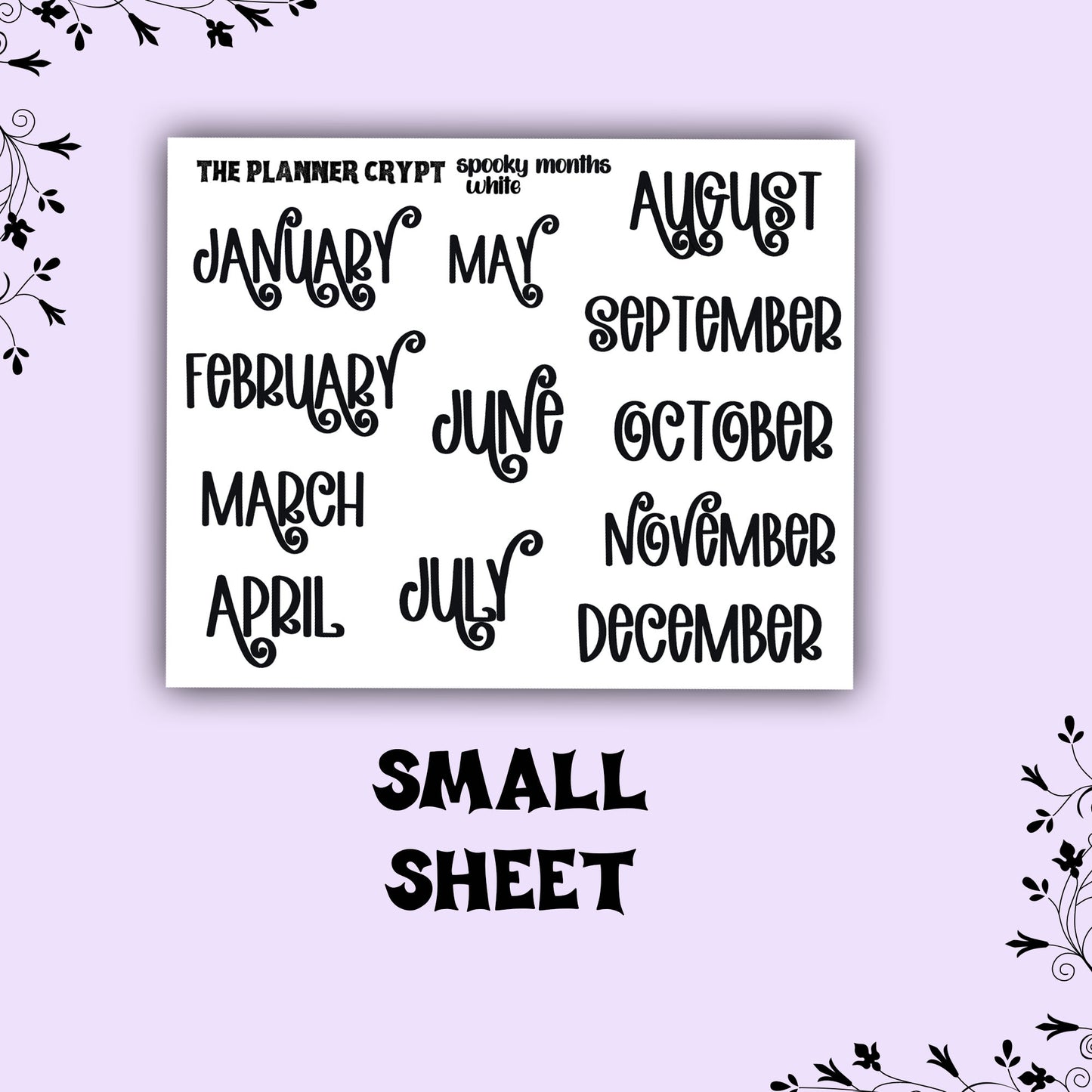 planner header stickers, monthly stickers, weekly planner stickers, black and white stickers, monthly headers, gothic planner stickers