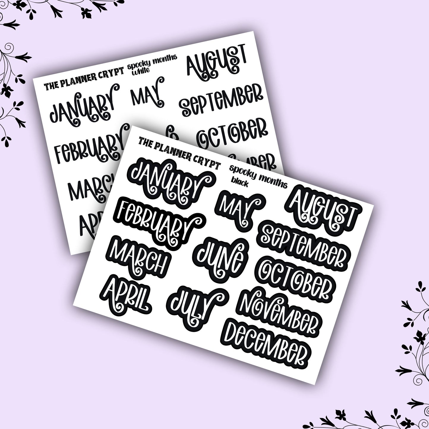 planner header stickers, monthly stickers, weekly planner stickers, black and white stickers, monthly headers, gothic planner stickers