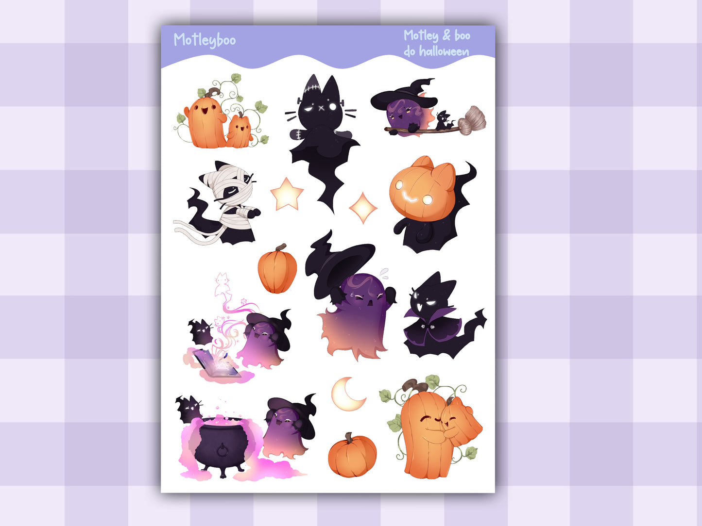 Halloween sticker sheet, cute and spooky original artwork for planners featuring Motley and boo the little ghost and cat