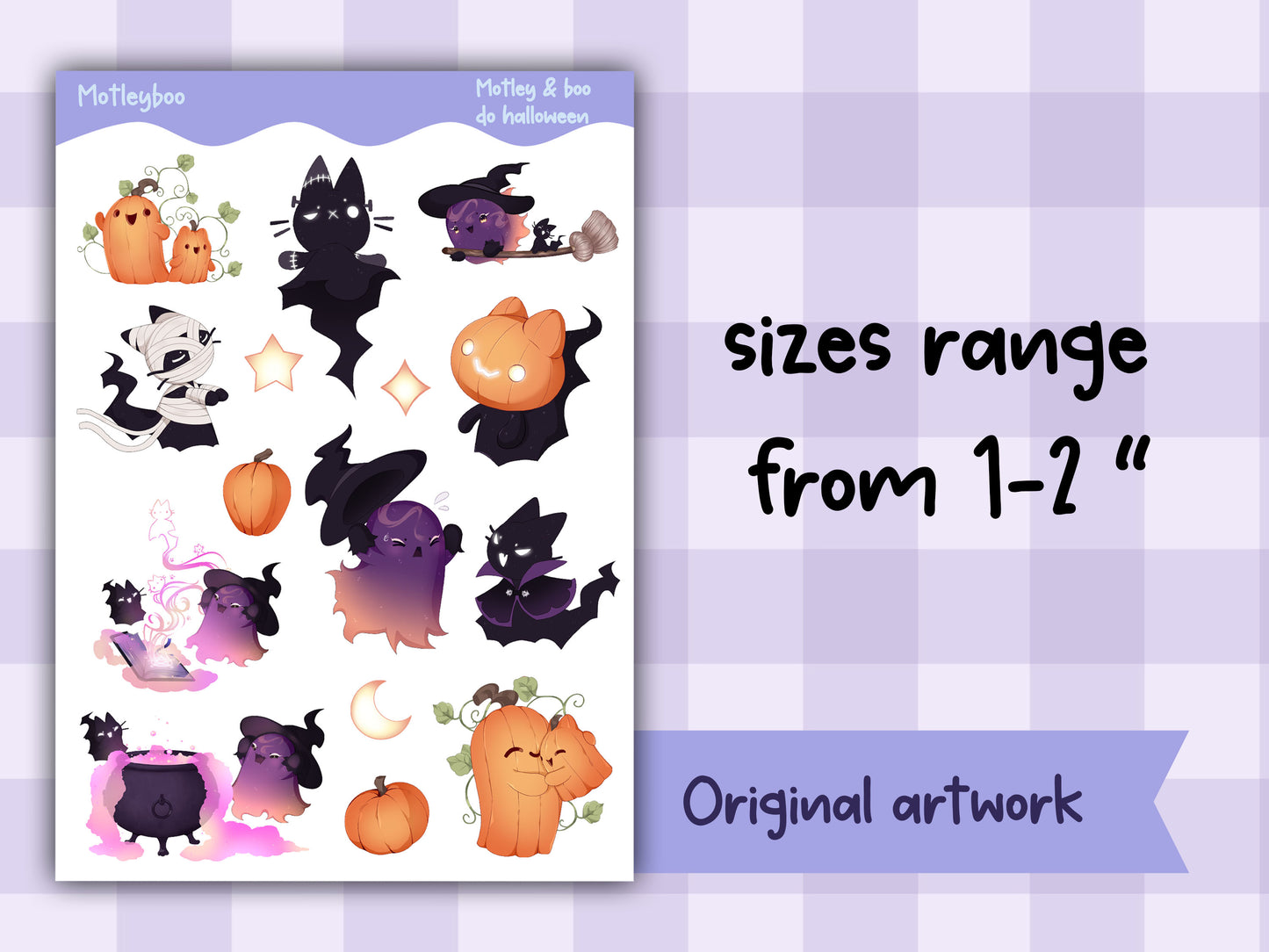 Halloween sticker sheet, cute and spooky original artwork for planners featuring Motley and boo the little ghost and cat