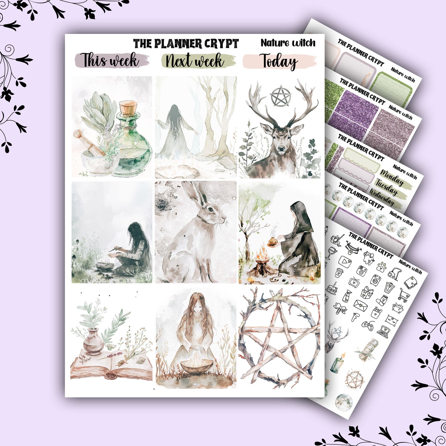 Nature witch weekly planner kit, witch stickers
