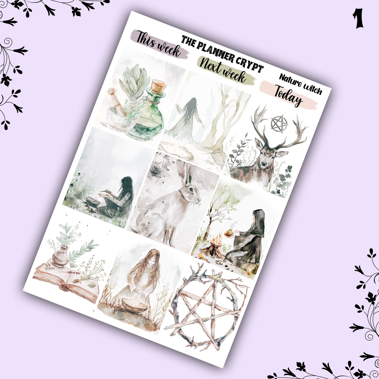 Nature witch weekly planner kit, witch stickers