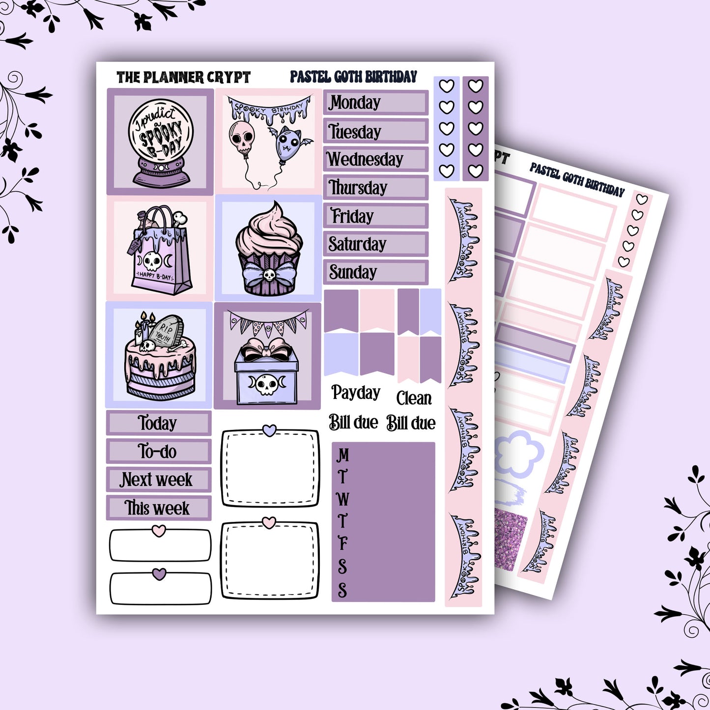 Hobonichi cousin weekly planner sticker kit, pastel goth planner, pastel birthday