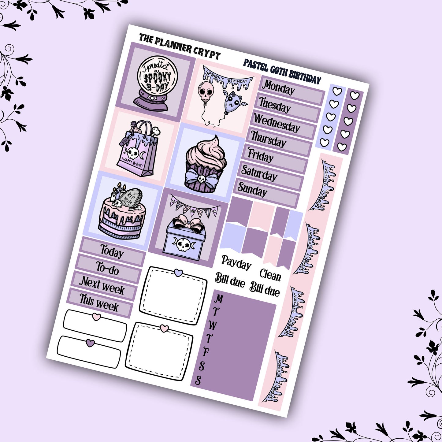 Hobonichi cousin weekly planner sticker kit, pastel goth planner, pastel birthday