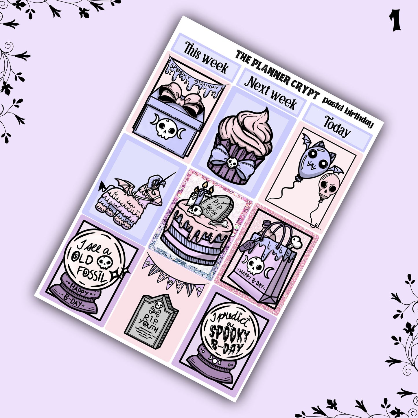weekly planner sticker kit, planner stickers, pastel goth stickers, spooky sticker kit, vertical planner, birthday stickers, pastel birthday