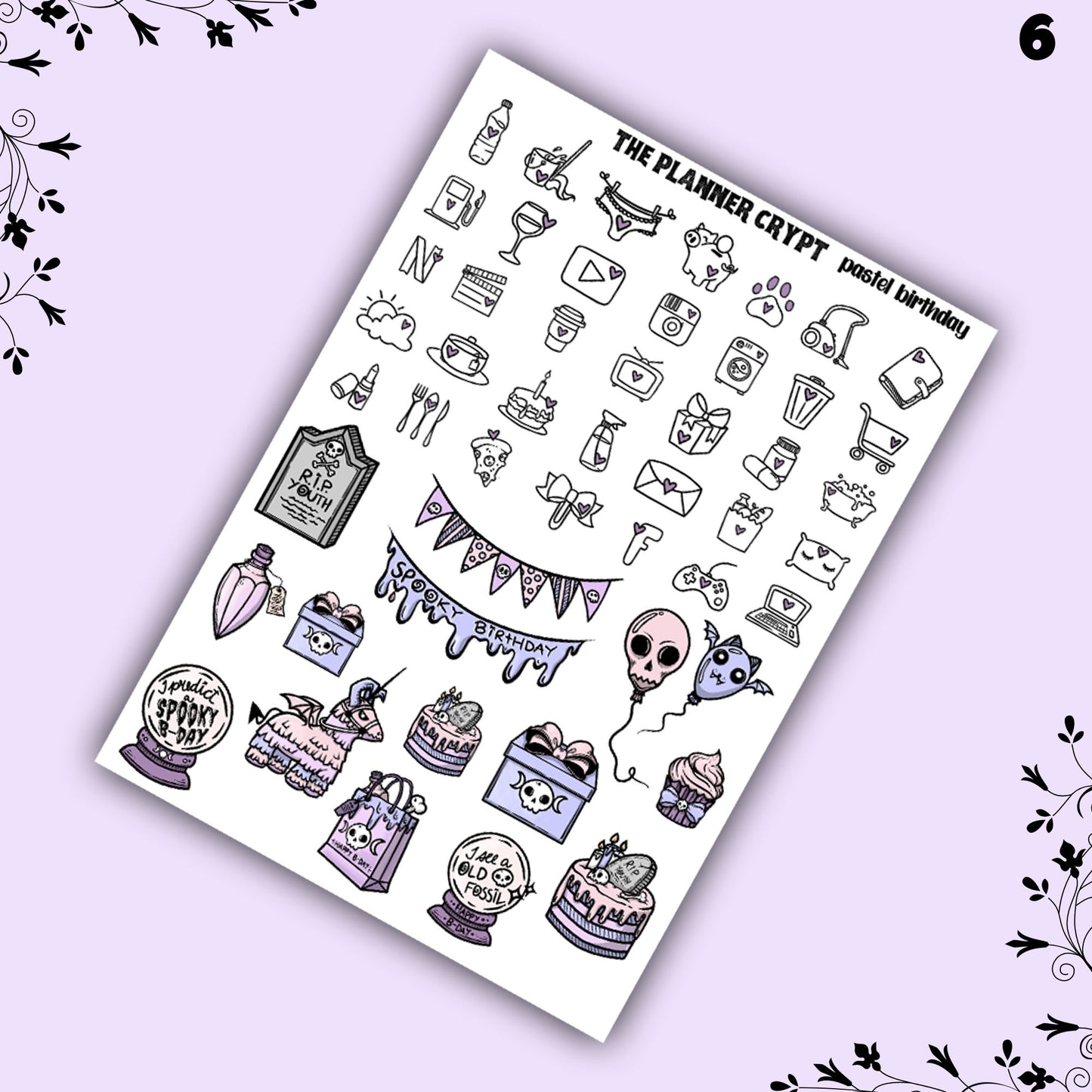 weekly planner sticker kit, planner stickers, pastel goth stickers, spooky sticker kit, vertical planner, birthday stickers, pastel birthday