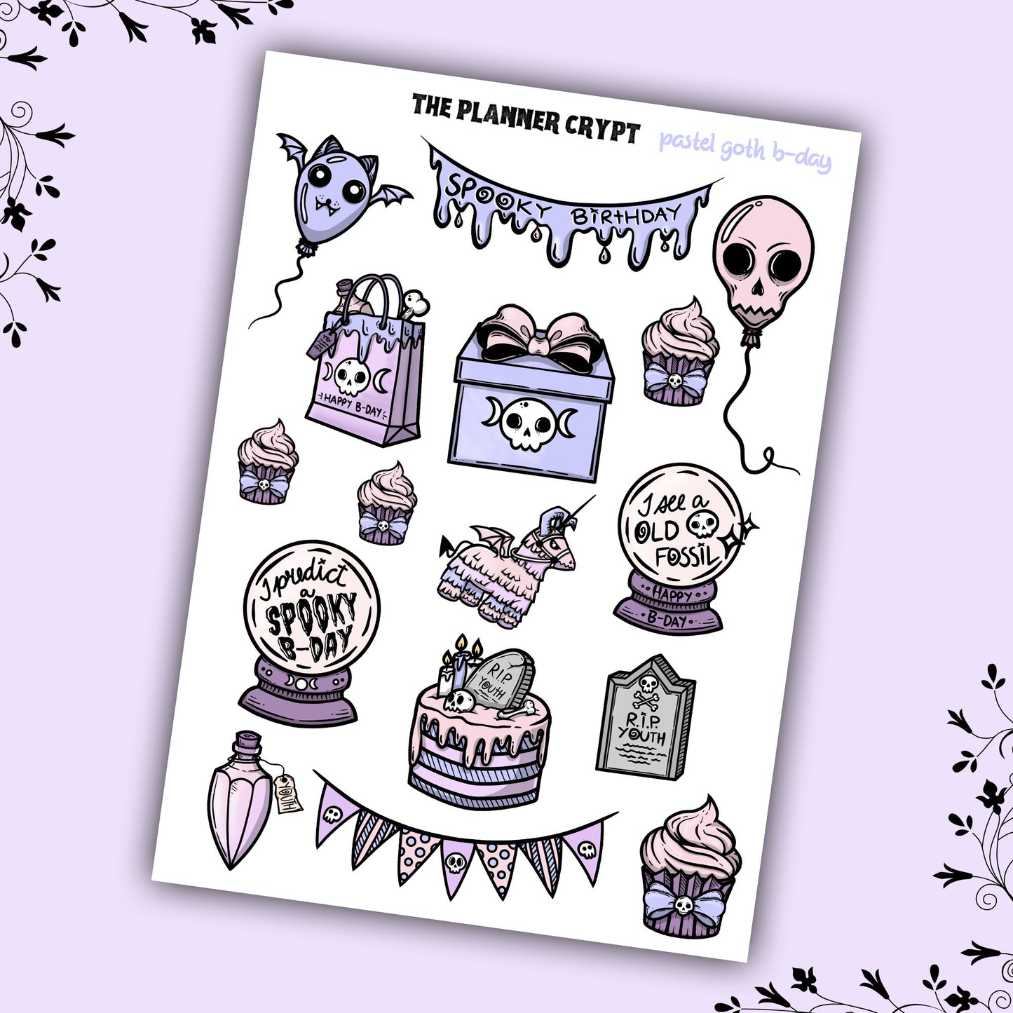 planner sticker sheet, birthday stickers, spooky stickers, pastel goth birthday, gifts for her, vertical planner, stickers, gothic planner