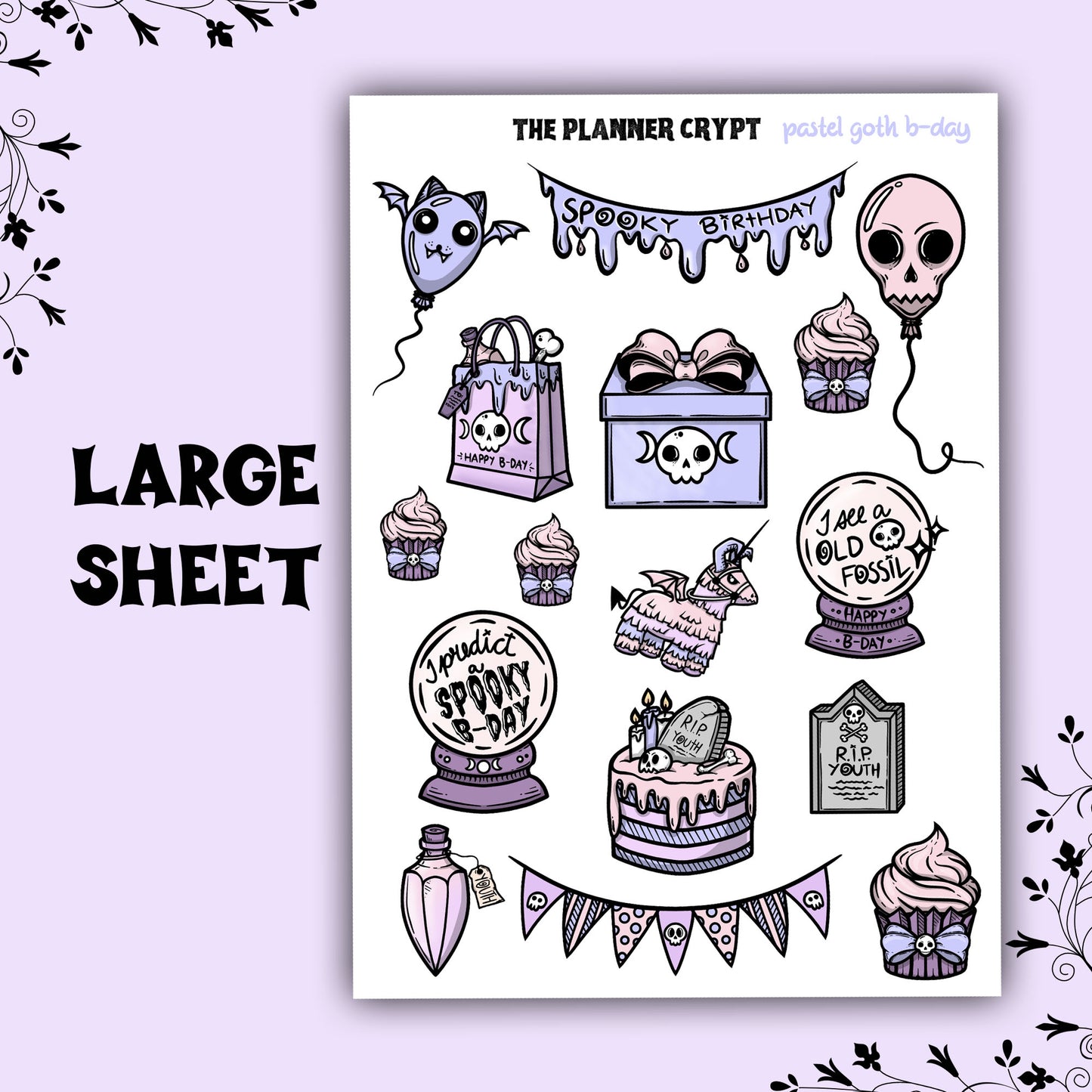 planner sticker sheet, birthday stickers, spooky stickers, pastel goth birthday, gifts for her, vertical planner, stickers, gothic planner