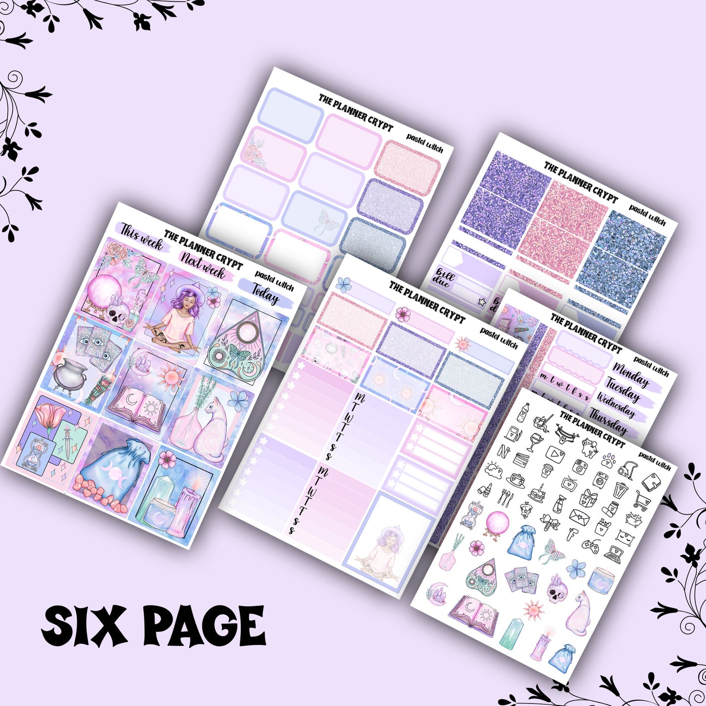 weekly planner sticker kit, pastel witch, planner stickers, witchy sticker sheet, vertical planner, cute stickers, pastel goth, goth planner