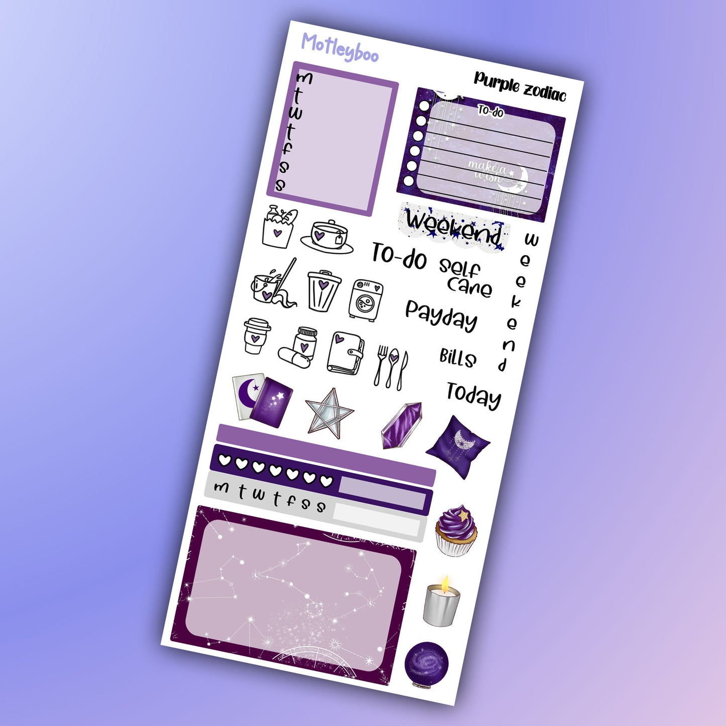 Hobonichi weeks, sticker kit, hobonichi planner, black zodiac, celestial stickers, witchy planner, hobonichi functional stickers, purple zodiac