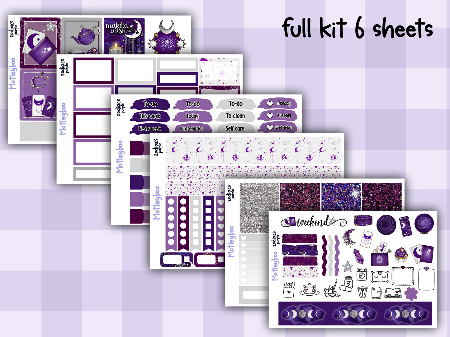 Purple Zodiac Celestial Weekly Planner Sticker Kit for vertical planners, Witchy vibes